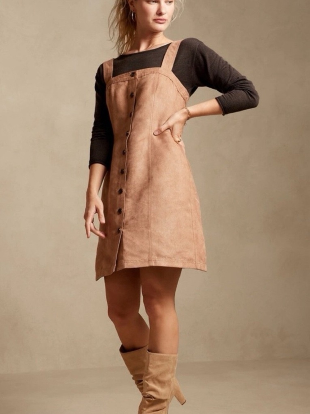 Banana Republic Vegan Suede Mini Dress Women’s Size 0 Button Front Tan